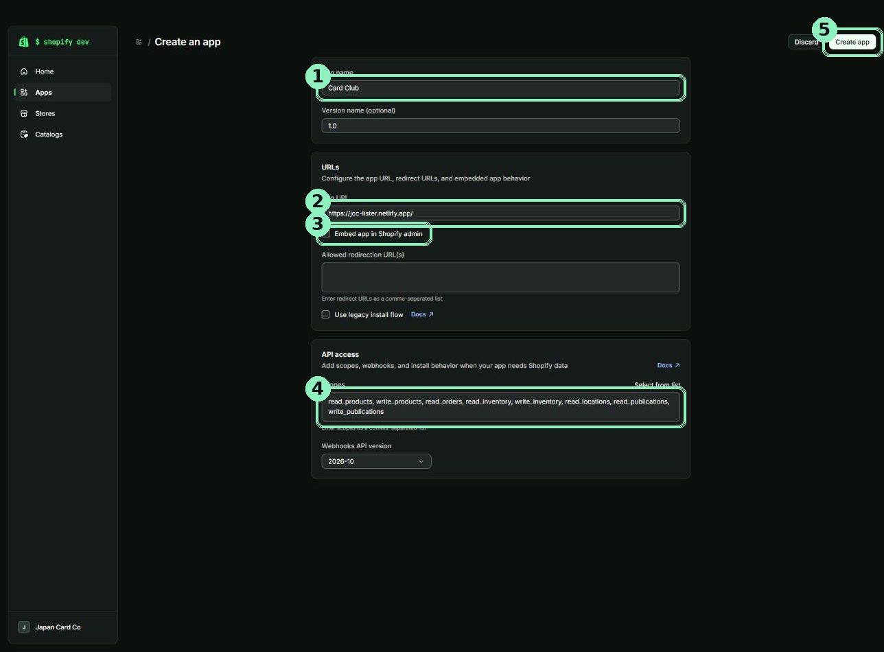The Create an app form filled in: name Card Club, app URL, embed unticked, scopes pasted
