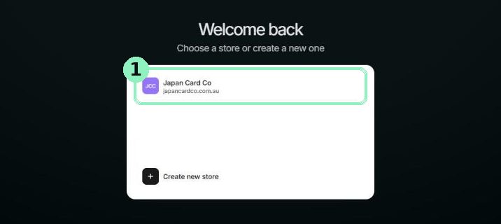 Shopify's store picker with the store row highlighted