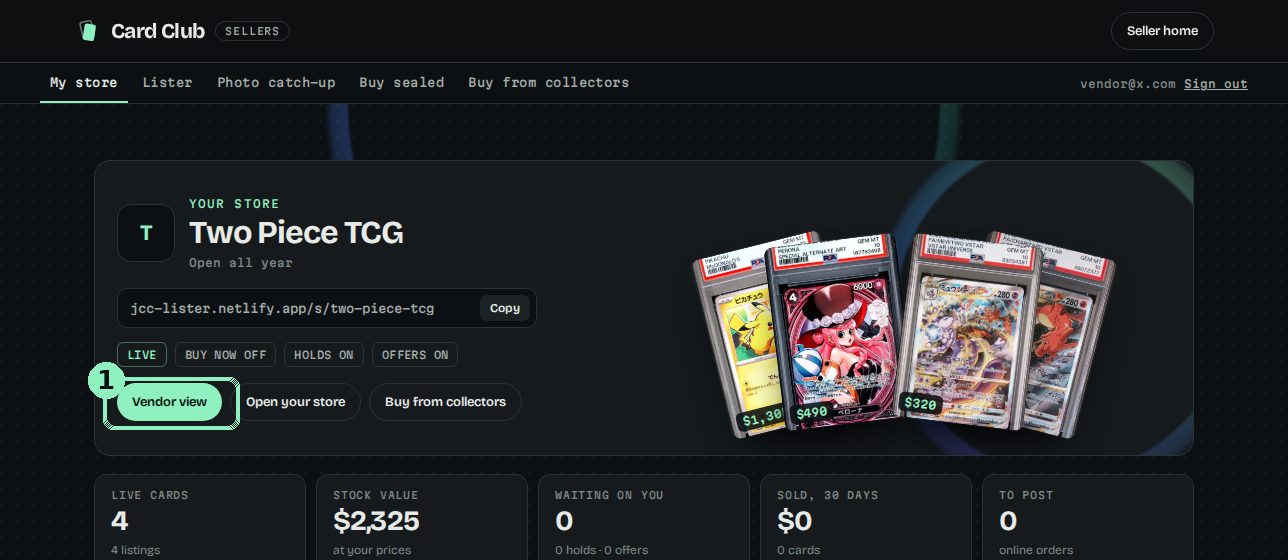 Card Club My store page with the Vendor view button highlighted