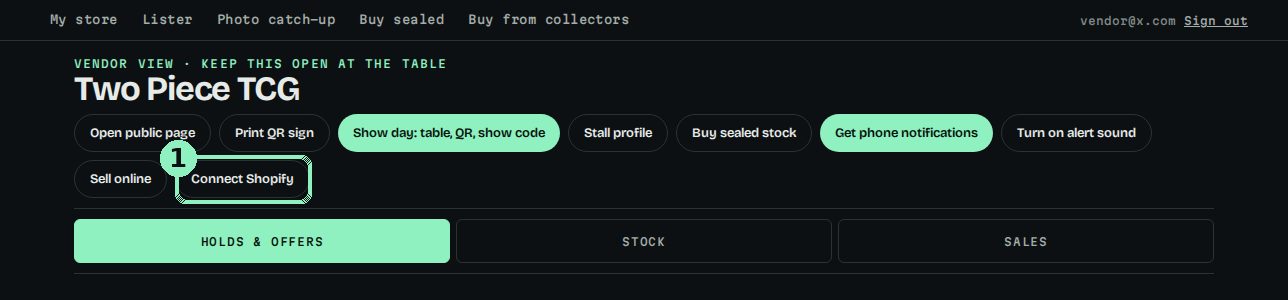 Vendor view with the Connect Shopify button highlighted