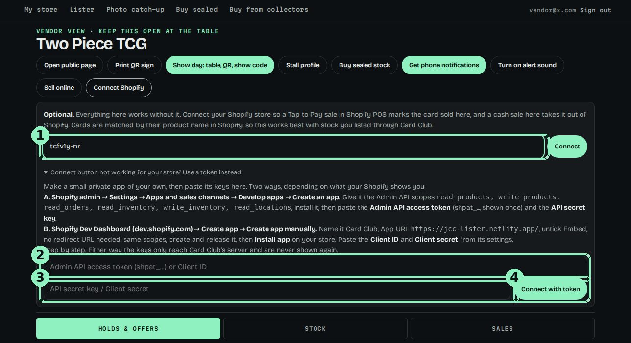 The Connect Shopify box with the store address, Client ID, Client secret fields and Connect with token button highlighted